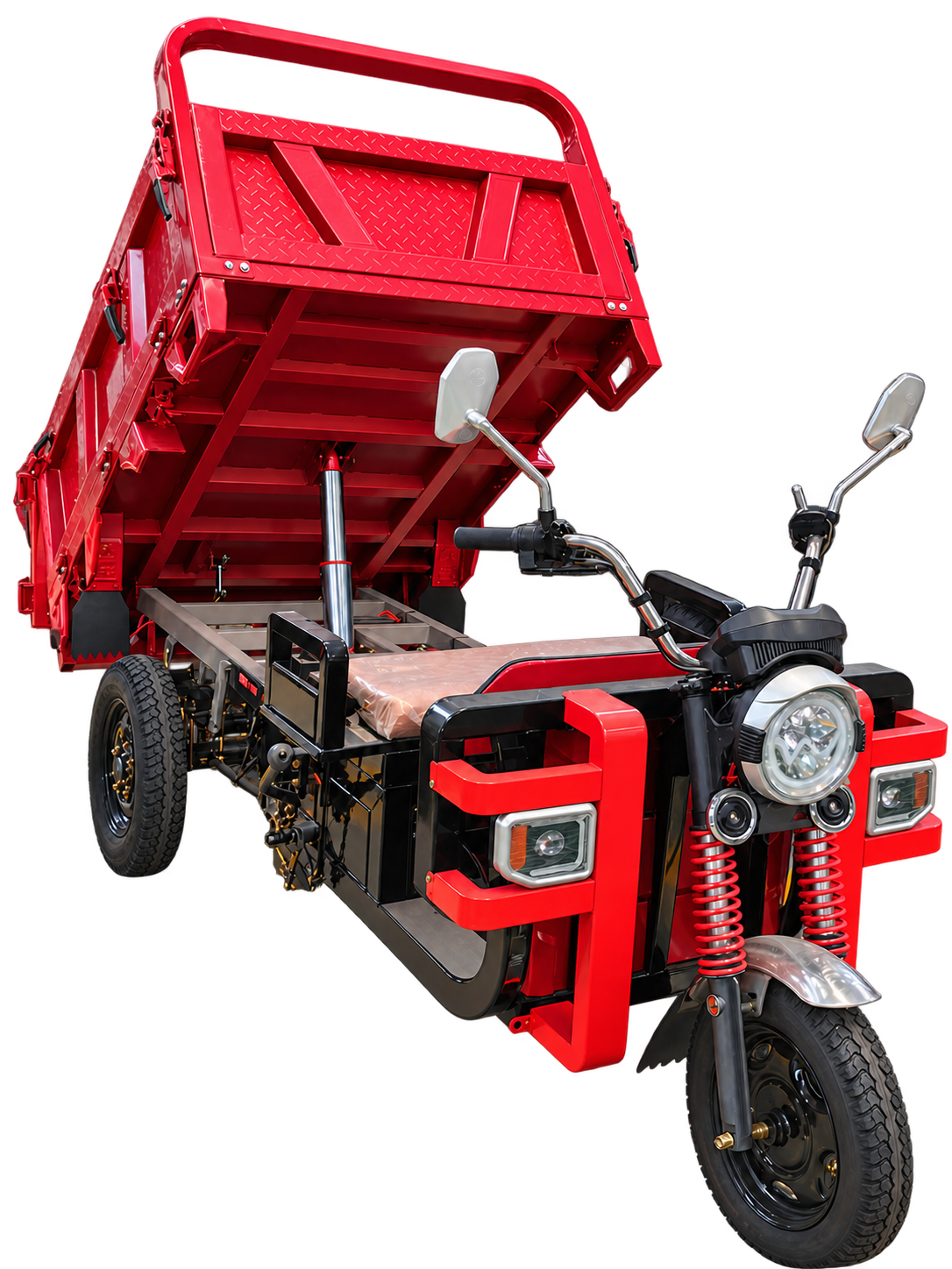 Front view of a red electric cargo tricycle with its tipping bed raised