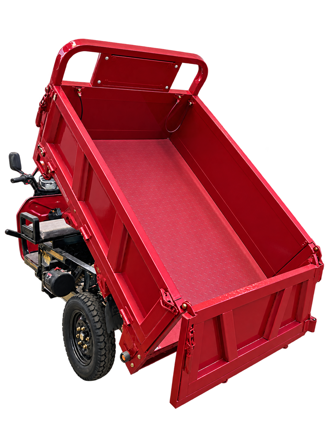 Rear view showing the open cargo bed and tailgate of a red electric tipping tricycle