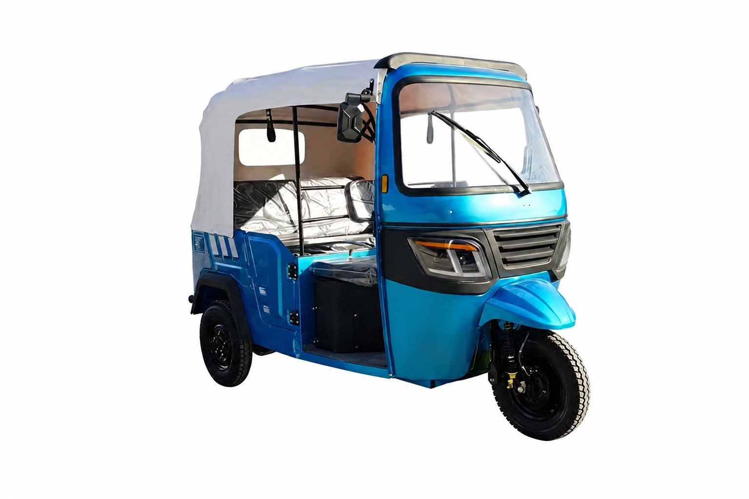 Turquoise electric tuk-tuk with a white canopy and passenger seating