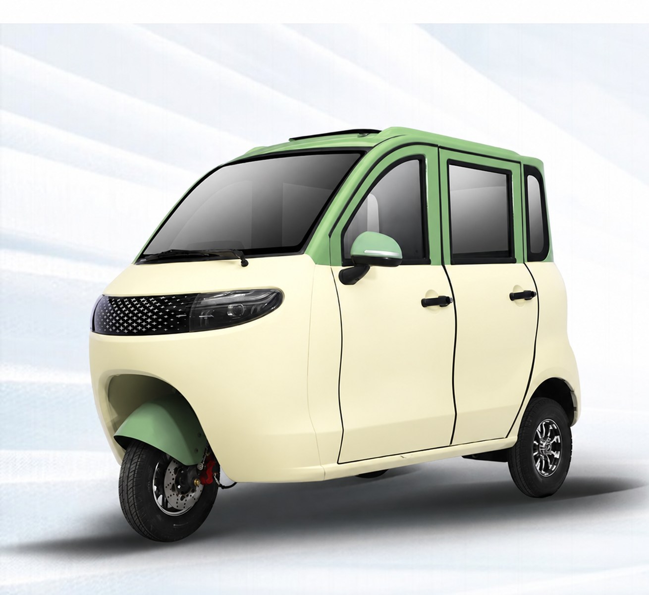 Cream and green enclosed electric mobility tricycle