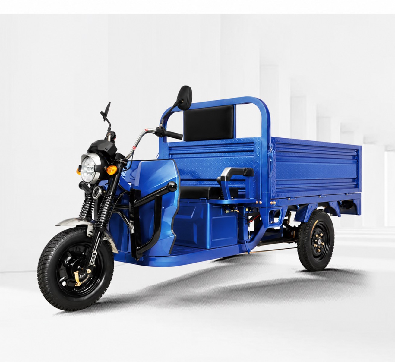 Blue electric cargo tricycle with high cargo-bed sides